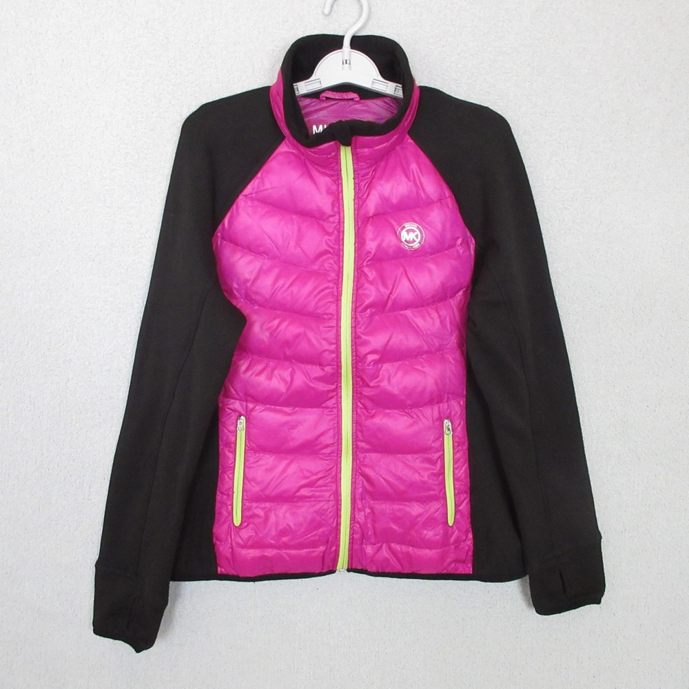 Michael Kors Hybrid Puffer Jacket Women L Pink Black Down Fill Quilted